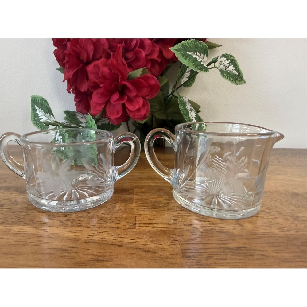 Vintage Pressed Glass Cream and Sugar Set Floral Etched Clear‎ MCM Dining